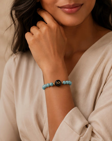 turquoise green amazonite NFC crystal bracelet, Aqua Halo by Void Halo, worn on wrist