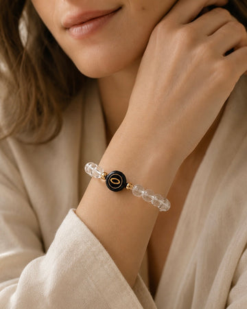 clear quartz NFC crystal bracelet, Clear Halo by Void Halo, worn on wrist