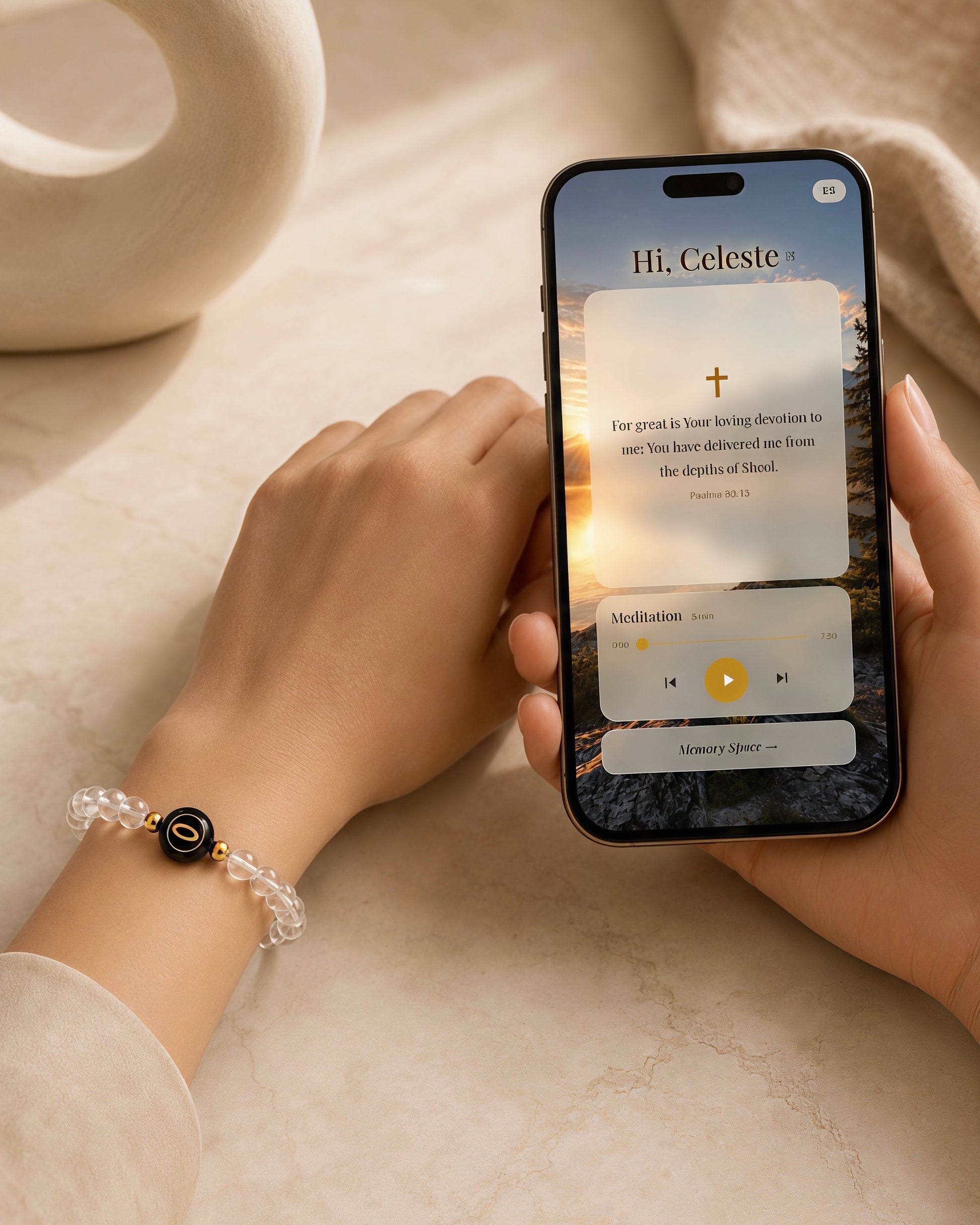 clear quartz NFC crystal bracelet, Clear Halo Scripture Edition by Void Halo, worn on wrist