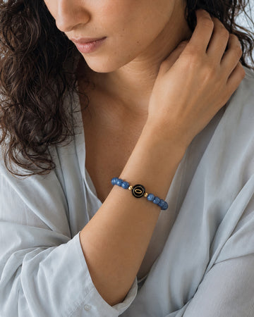 denim blue kyanite NFC crystal bracelet, Denim Halo by Void Halo, worn on wrist