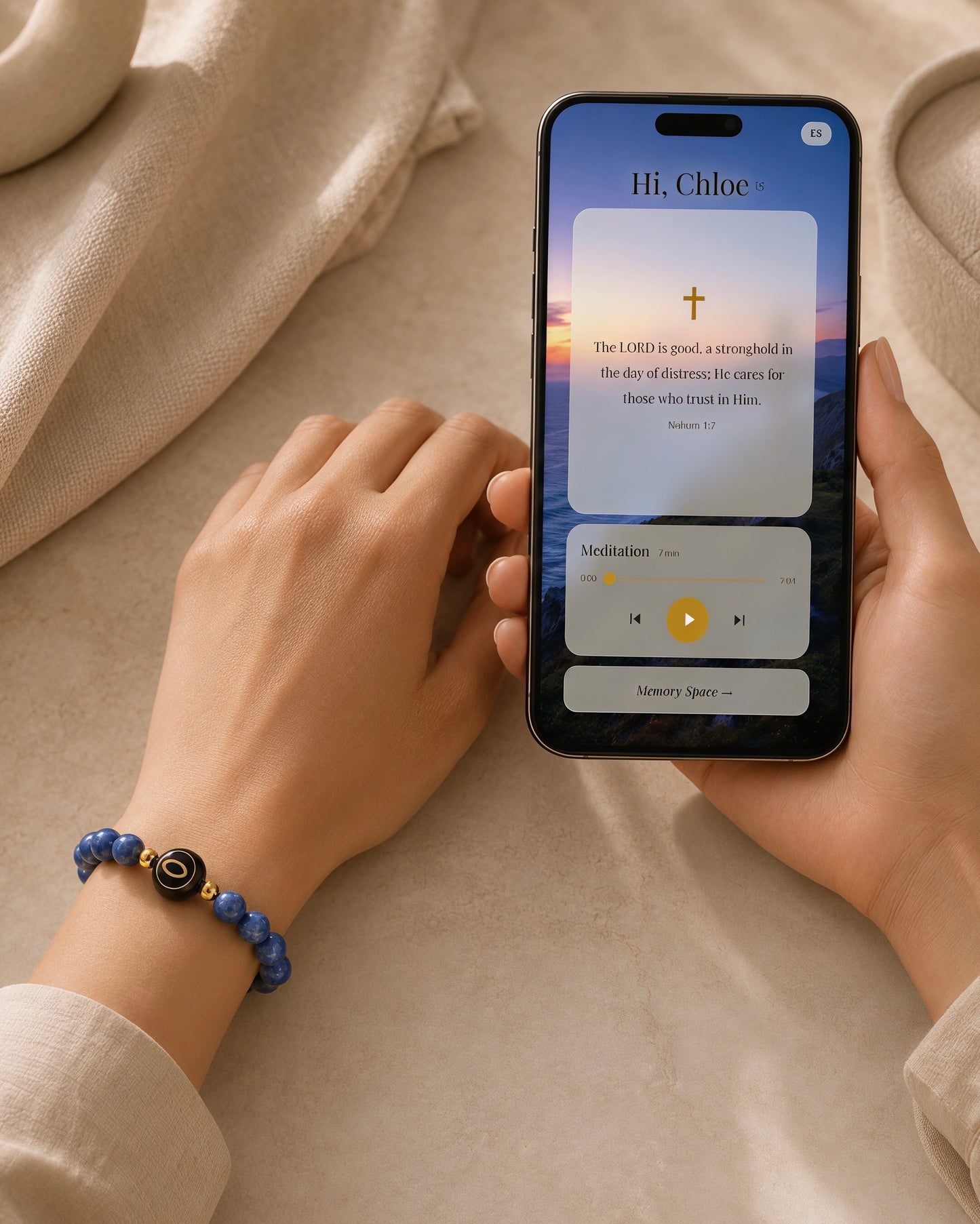 denim blue kyanite NFC crystal bracelet, Denim Halo Scripture Edition by Void Halo, worn on wrist