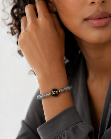 gray labradorite NFC crystal bracelet, Flash Halo by Void Halo, worn on wrist