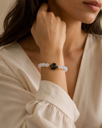 blue moonstone NFC crystal bracelet, Glow Halo by Void Halo, worn on wrist