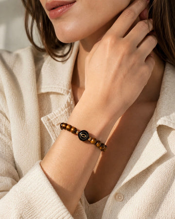 golden brown tiger's eye NFC crystal bracelet, Golden Halo by Void Halo, worn on wrist