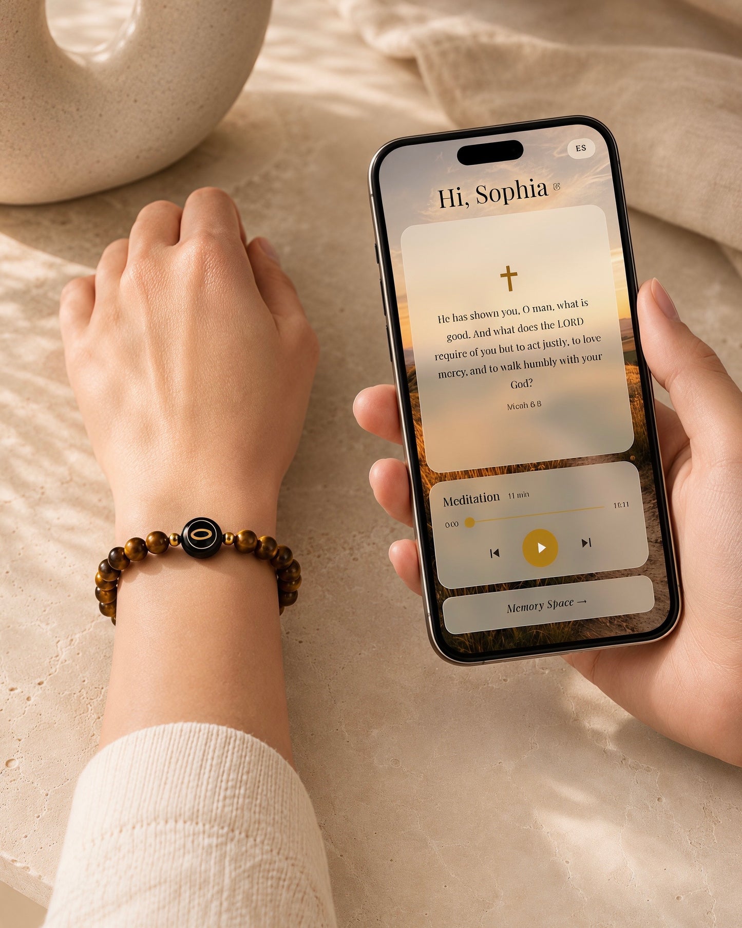 golden brown tiger's eye NFC crystal bracelet, Golden Halo Scripture Edition by Void Halo, worn on wrist