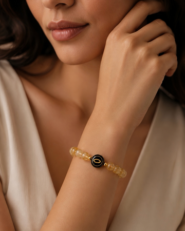 yellow phantom quartz NFC crystal bracelet, Honey Halo by Void Halo, worn on wrist