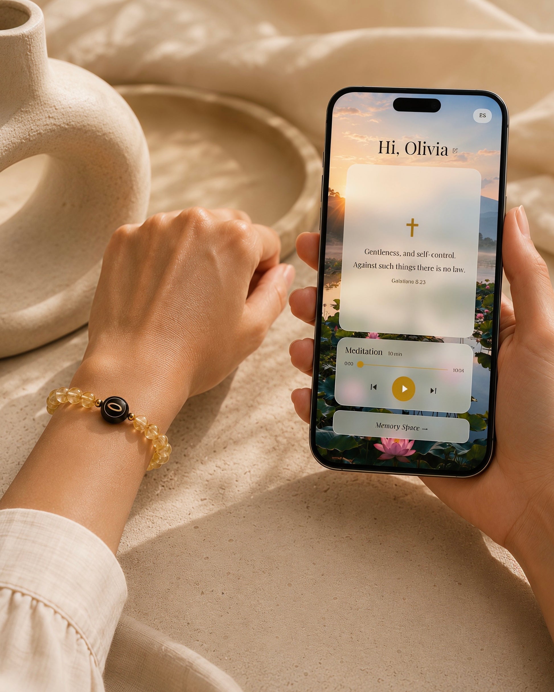 yellow phantom quartz NFC crystal bracelet, Honey Halo Scripture Edition by Void Halo, worn on wrist