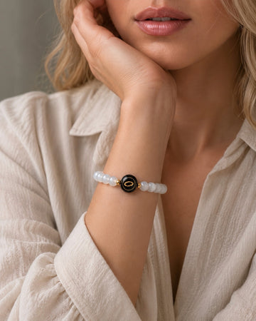 white moonstone NFC crystal bracelet, Lunar Halo by Void Halo, worn on wrist