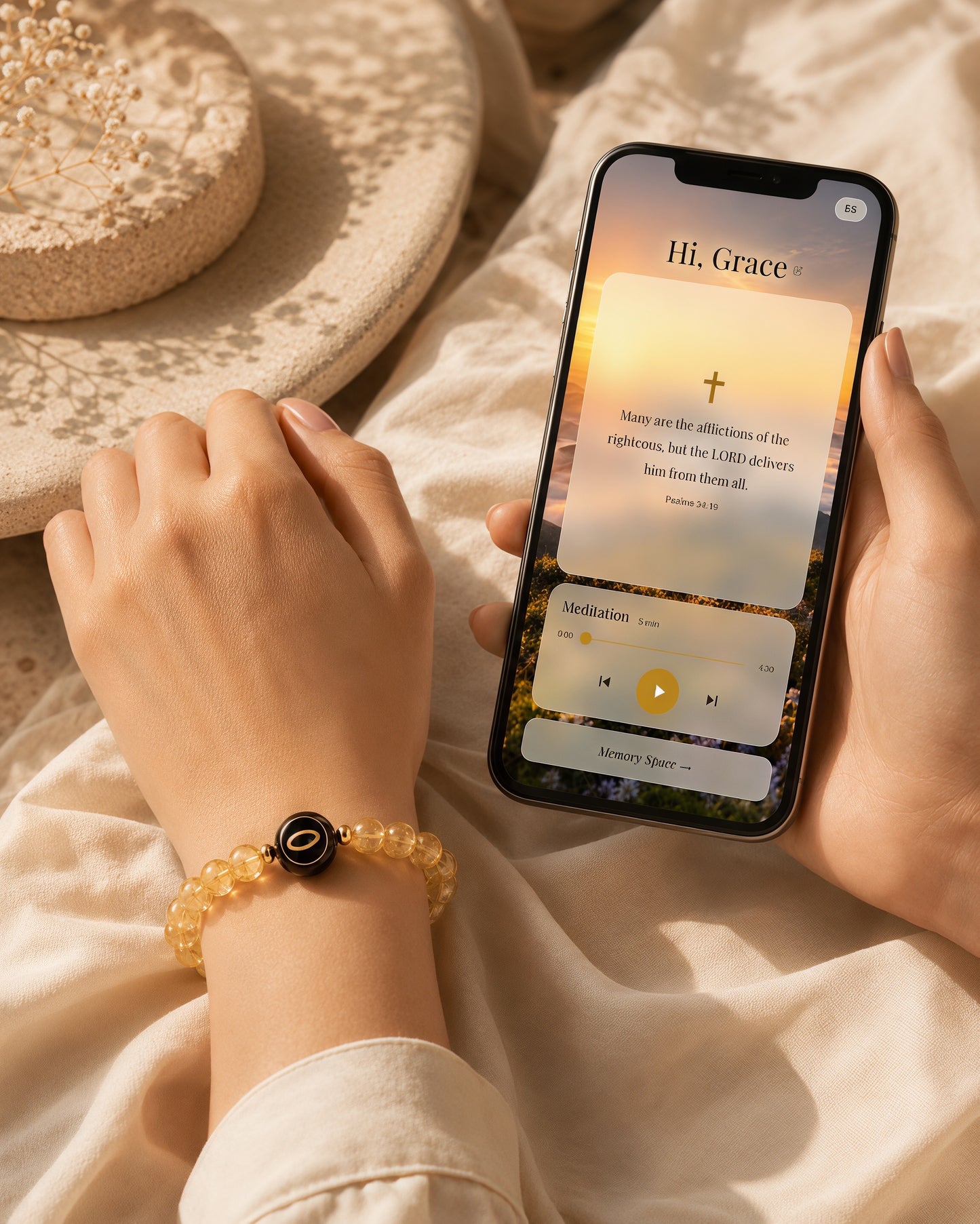 honey gold citrine NFC crystal bracelet, Sunlit Halo Scripture Edition by Void Halo, worn on wrist