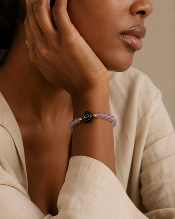 violet Brazilian amethyst NFC crystal bracelet, Violet Halo by Void Halo, worn on wrist
